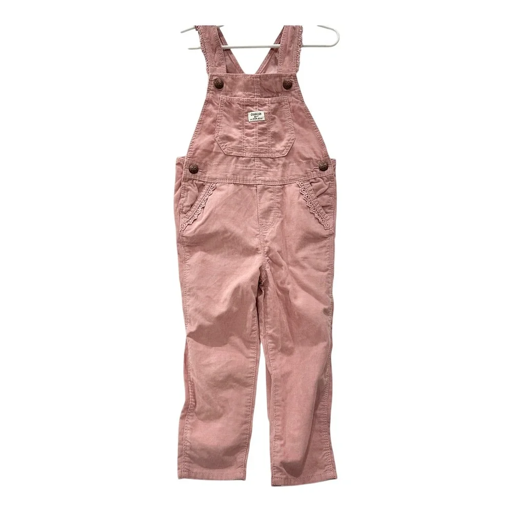 OshKosh Bgosh Girls Pink Corduroy Overalls Eyelet Lace Trim Size 3T Cotton